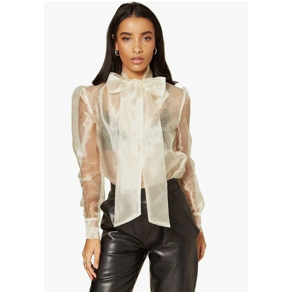 Unique 21 Pussybow Sheer Organza Blouse Sz 4 Button Up Long Sleeve Coquette - Picture 1 of 15